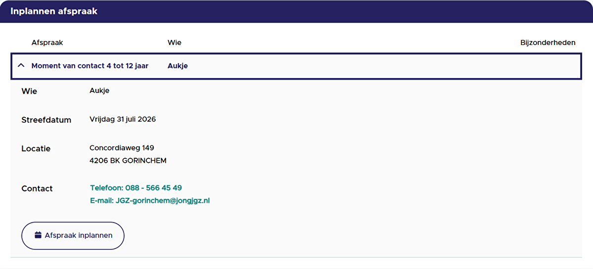 Webportaal Jong JGZ - zelf afspraak inplannen